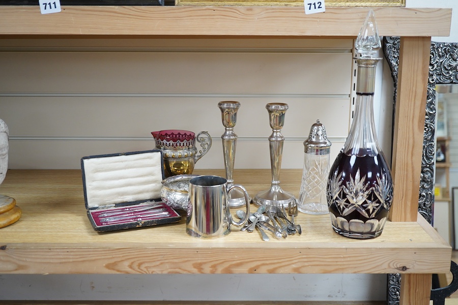 Various glass and silver mounted items including a pair of candlesticks, salt spoons, a jug, silver mounted decanter, etc. Condition - fair